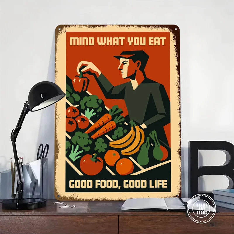 Mind What You Eat' Healthy Food Propaganda Metal Poster Custom Wall Art Retro Vintage Tinplate Signs for Wand Deko House Home