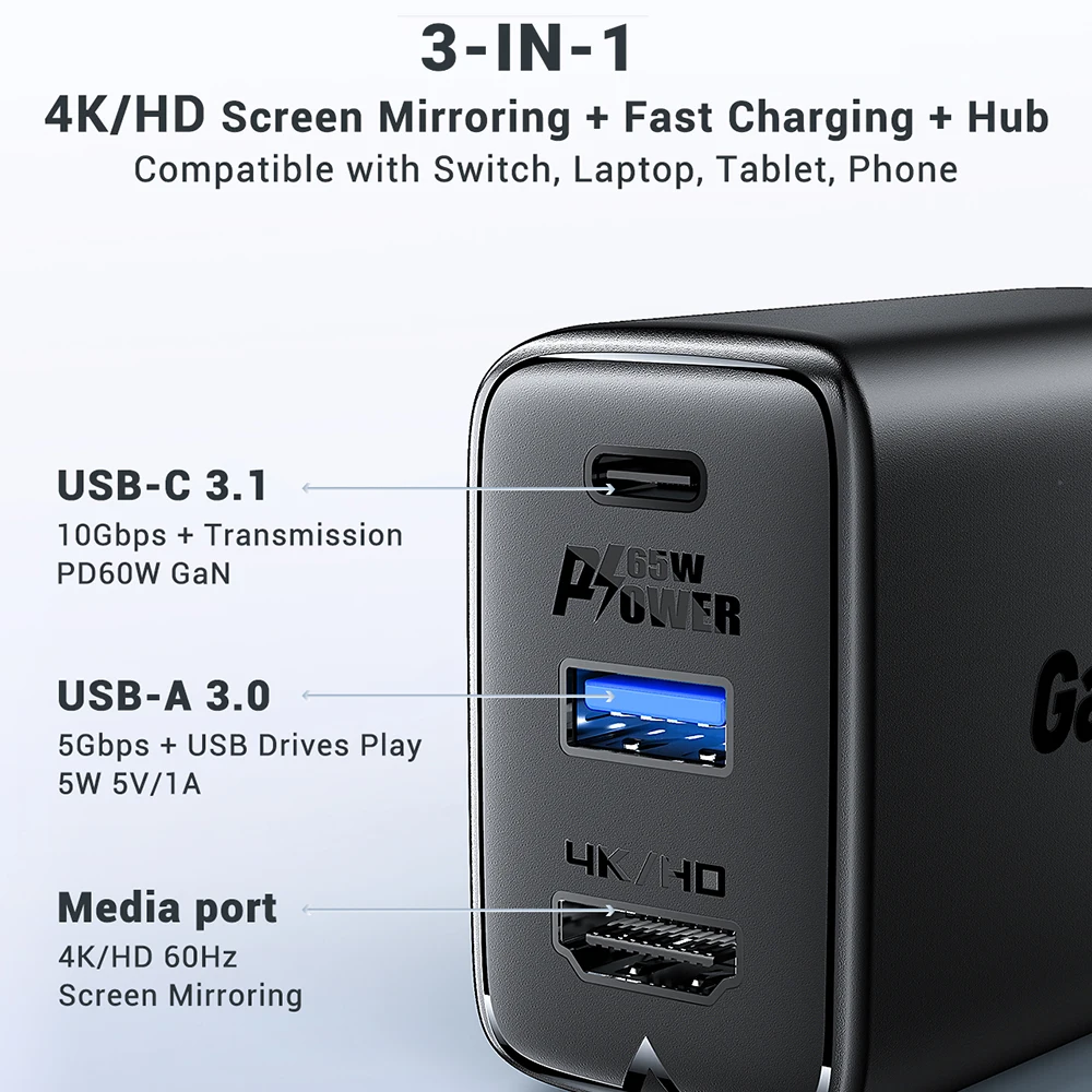 ACEFAST-Carregador Rápido Portátil, 65W, 4K 60Hz, Compatível com HDMI, Docking Station para Switch, 3 Portas, Tipo C, QC3.0, Notebook