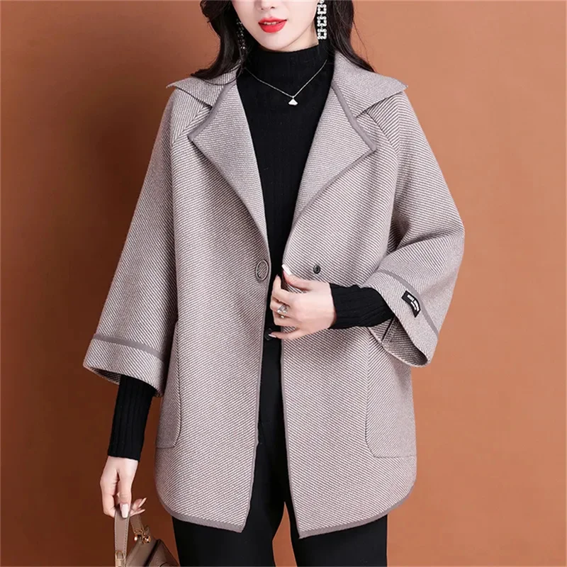 Mom's Spring Blend Woolen Coat 2024 New Women's Windbreaker With Temperament Middle-Elderly Knitted Double-Sided Woolen Jacket