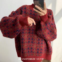 ZOKI Hahnentritt Frauen Pullover Pullover Lose Gestrickte Vintage Casual O Neck Jumper Winter Rot Warme Weibliche Plaid Pullover Neue