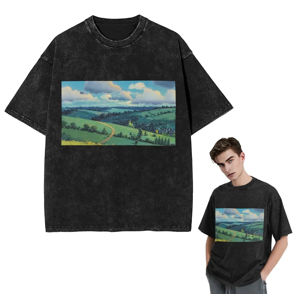 Streetwear T-Shirts Laputa Castle In The Sky Washed T Shirt Short Sleeve Hip Hop T-Shirt Tops Tees for Men Women