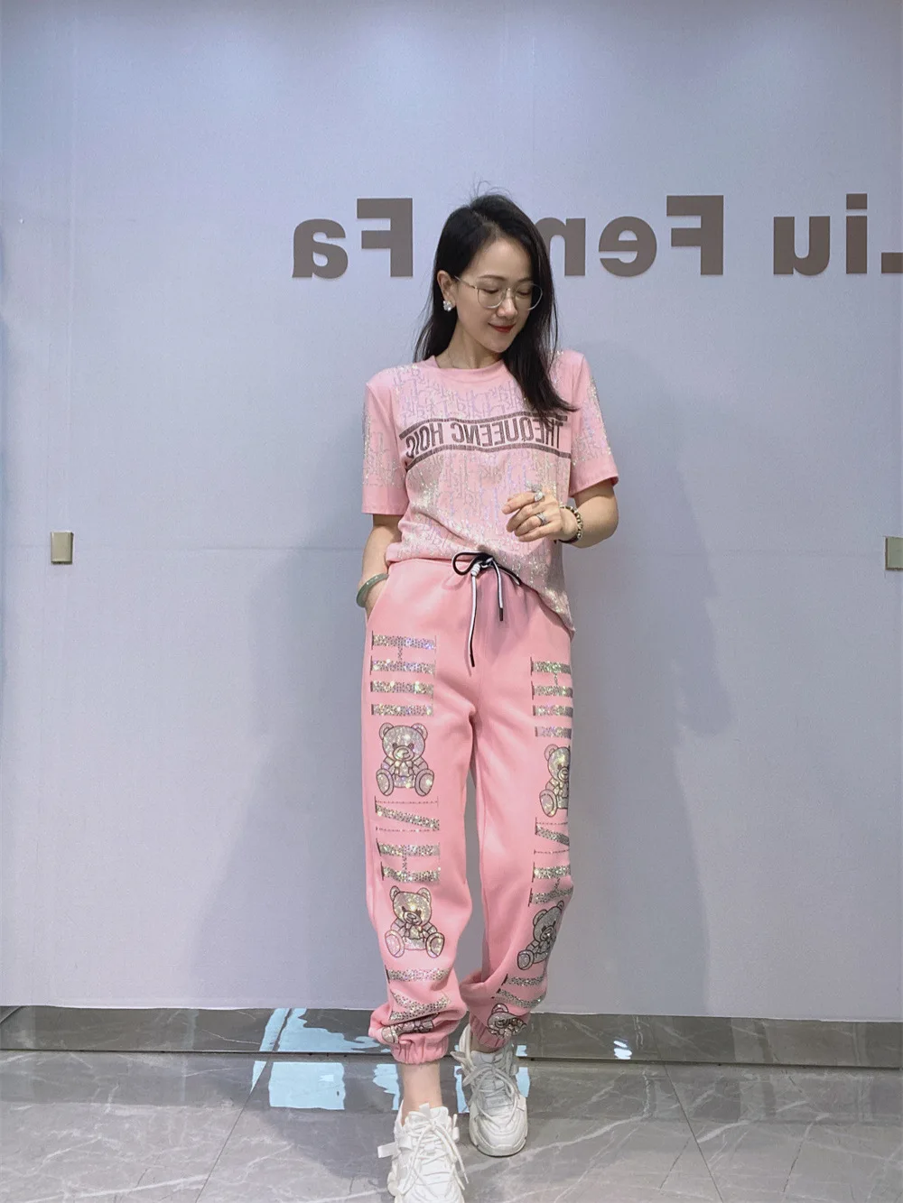 

Women Sports Set Women's Summer Fashion Diamond Short Sleeve Wide Leg Pants Two Piece Set Knitting Long Sets