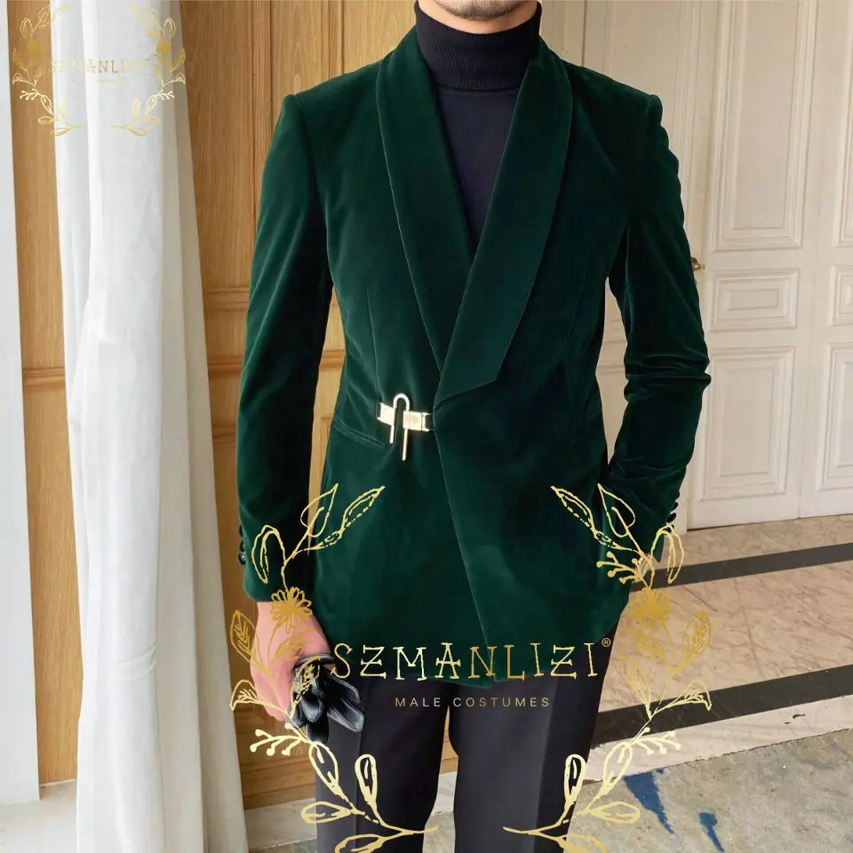 

SZMANLIZI 2022 Tailored Made Fashion Style Green Velvet Jacket Groom Tuxedos Shawl Lapel Men's Suit 2 Piece For Wedding Blzaer