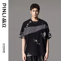 Male Fashion 2024 Summer Men's Wear New Spliced Tie Dyeing Printed Panel Round Neck Black Short Sleeve Casual T-shirt B242111006