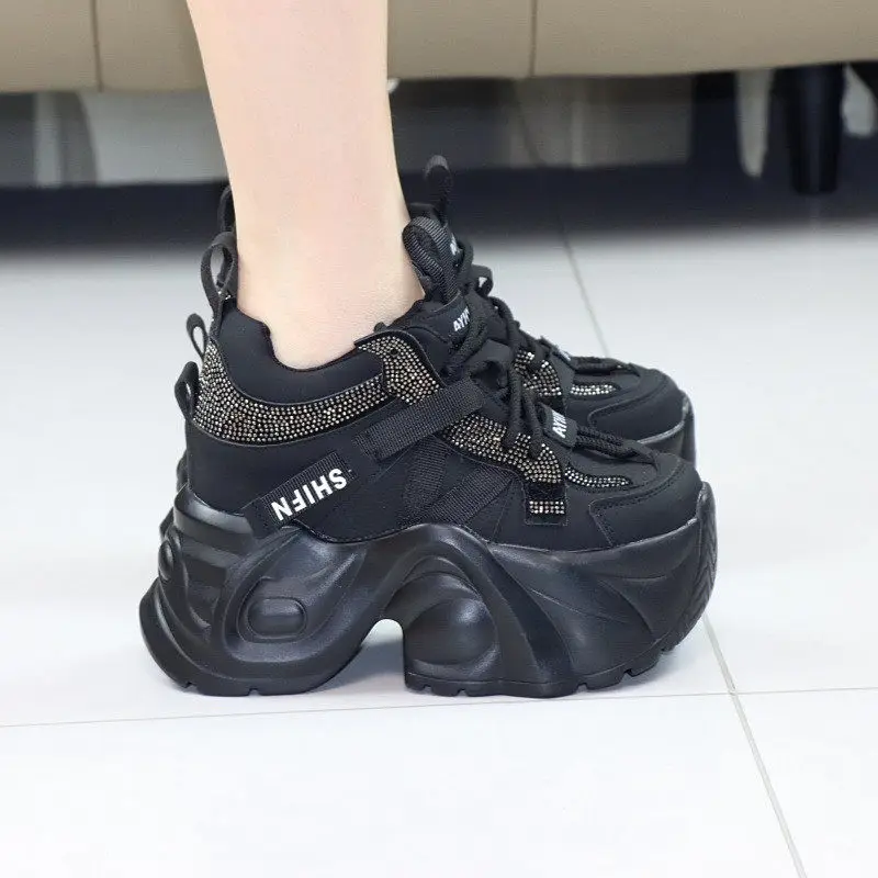 12cm Outdoors Running Shoes Women Low Cut Breathable Lace Up Thick Platform Diamonds Crystal Shiny Jogging Shoes Sneakers Traine