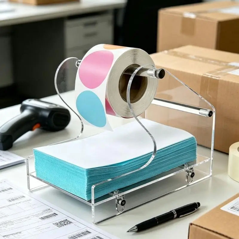 Clear Acrylic Thermal Label Roll Holders with Open-Frame Support Rod for Desktop Shipping Label Storage and at Glance 896C