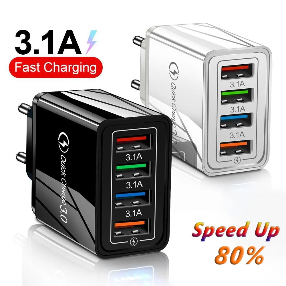 4 Ports USB Charger Quick Charge 3.0 For iPhone 14 Samsung Xiaomi Tablets Mobile Phone Charger Adapter EU/US Plug Fast Charging