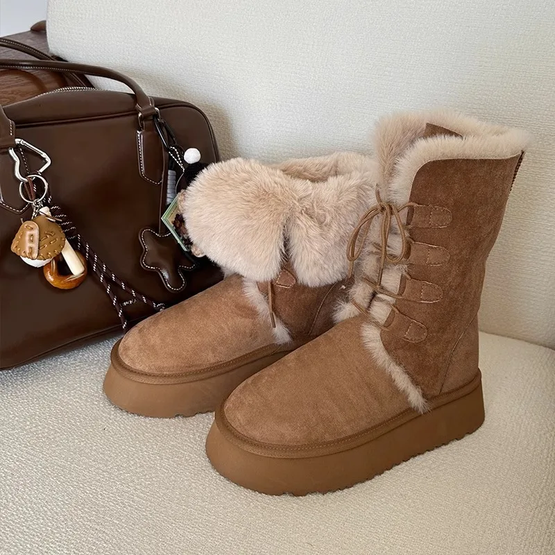 Shoes Women 2025 Winter New Thick Plush Warm Snow Boots Fashion Platform Suede Cotton Shoe Mid-calf Fashion Casual Flats Boots image 2