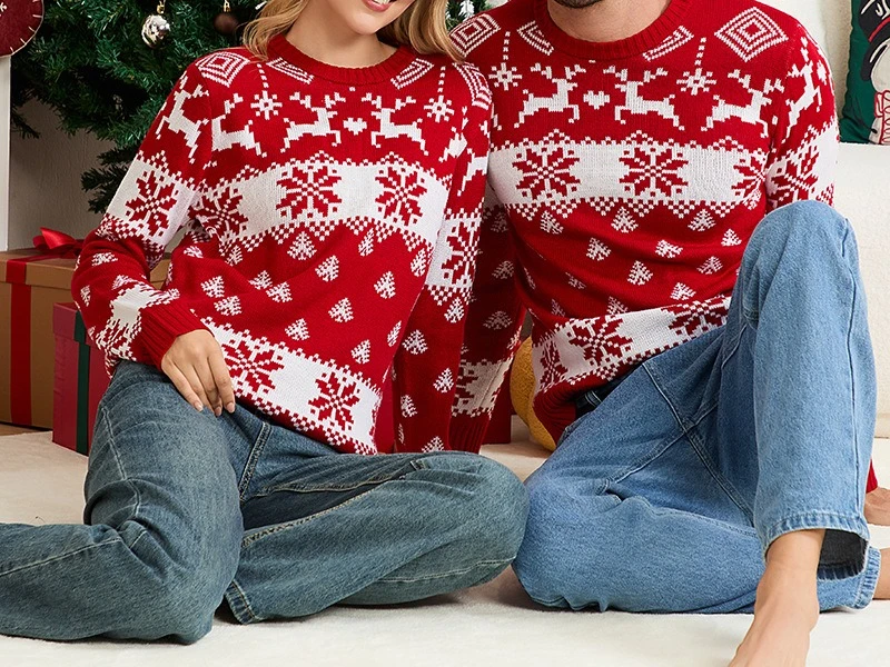 

2025 повседневный вязаный свитер с круглым вырезом для родителей и детей, осенне-зимний жаккардовый свитер с длинными рукавами