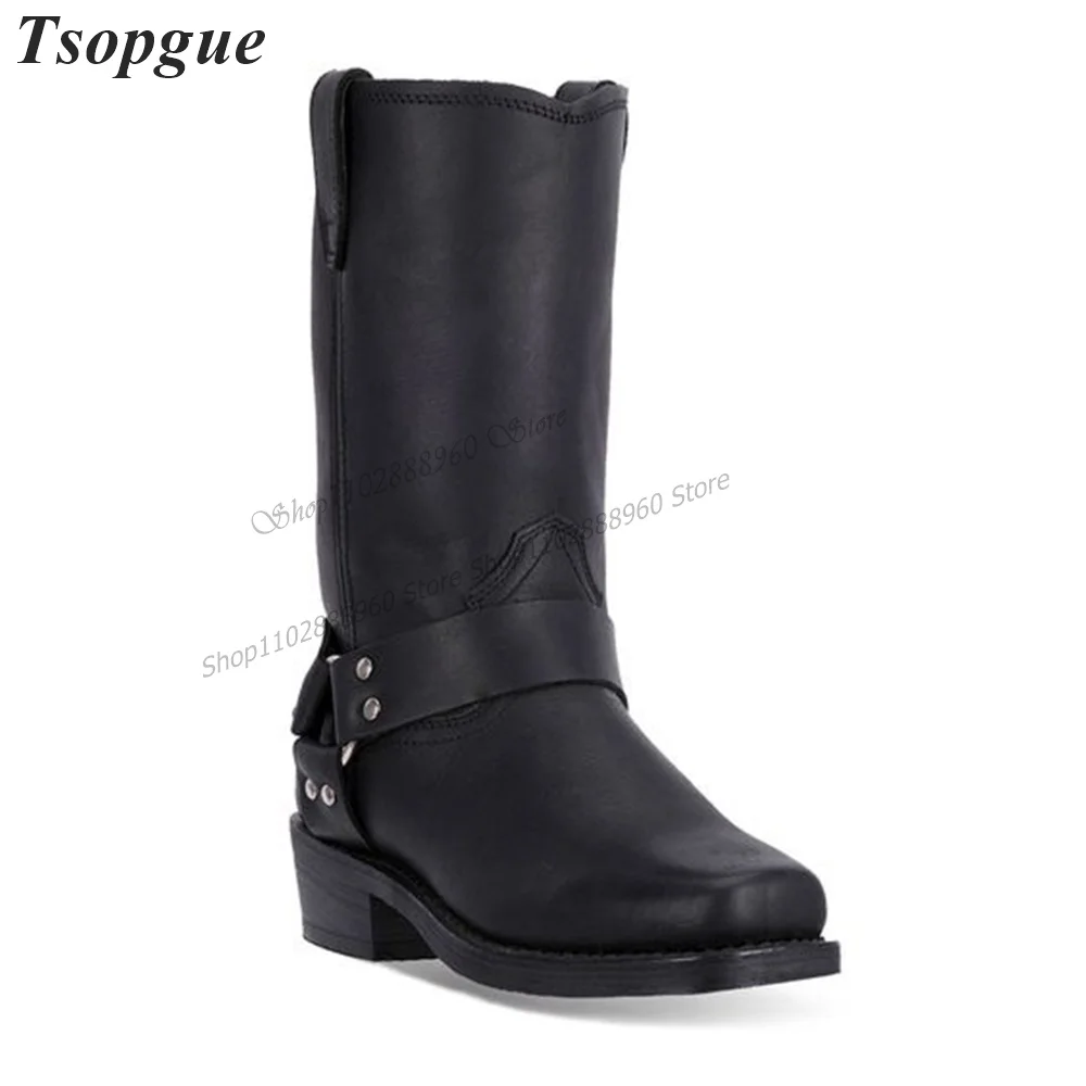 Mid Calf Black Leather Belt Square Toe Men's Boots Men Shoes Slip-On Runway Casual Party Shoes 2023 Fashionable Zapatillas Mujer