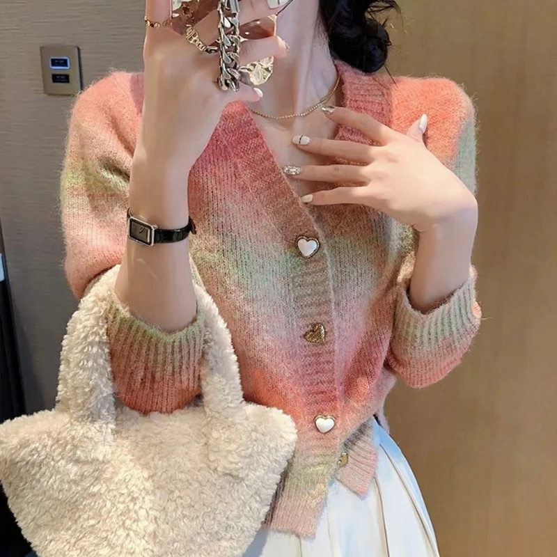 Korejpaa Gradient Candy Color Knitted Cardigan Women 2024 Autumn Winter Korean Style Sweater Jacket Knitwear Sueters De Mujer