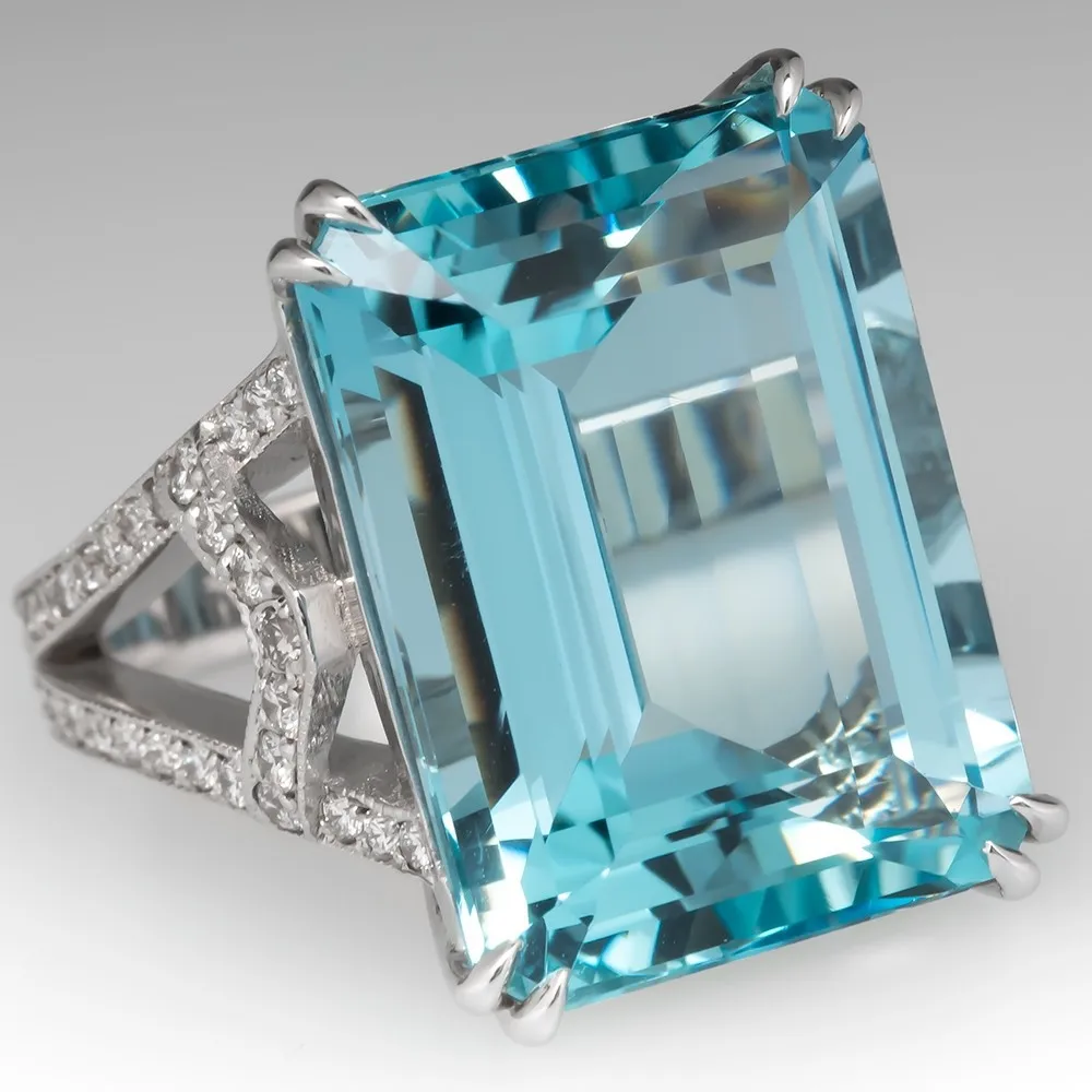 

Sea blue topaz square diamond princess ring Europe and the United States fashion engagement ring female