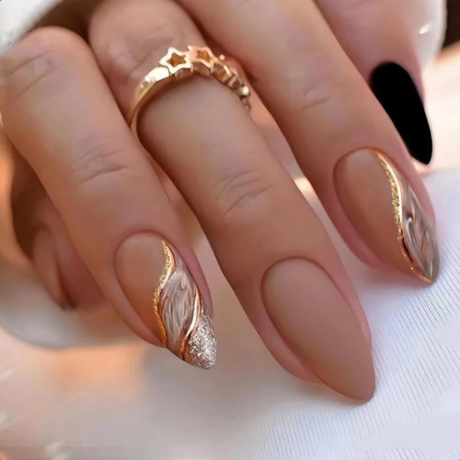 

Almond Pr on Nails Medium Fake Nails Nude False Nails with Designs Gold Glitter Line Glue on Nails Marble Full Cover Acrylic Na
