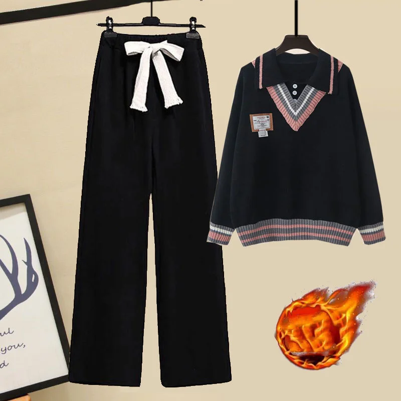 Korean Version Autumn and Winter Plush Thickened Sweater Season Cool and Cute Fashion Women's Wide Leg Pants Two-piece Suit Wome