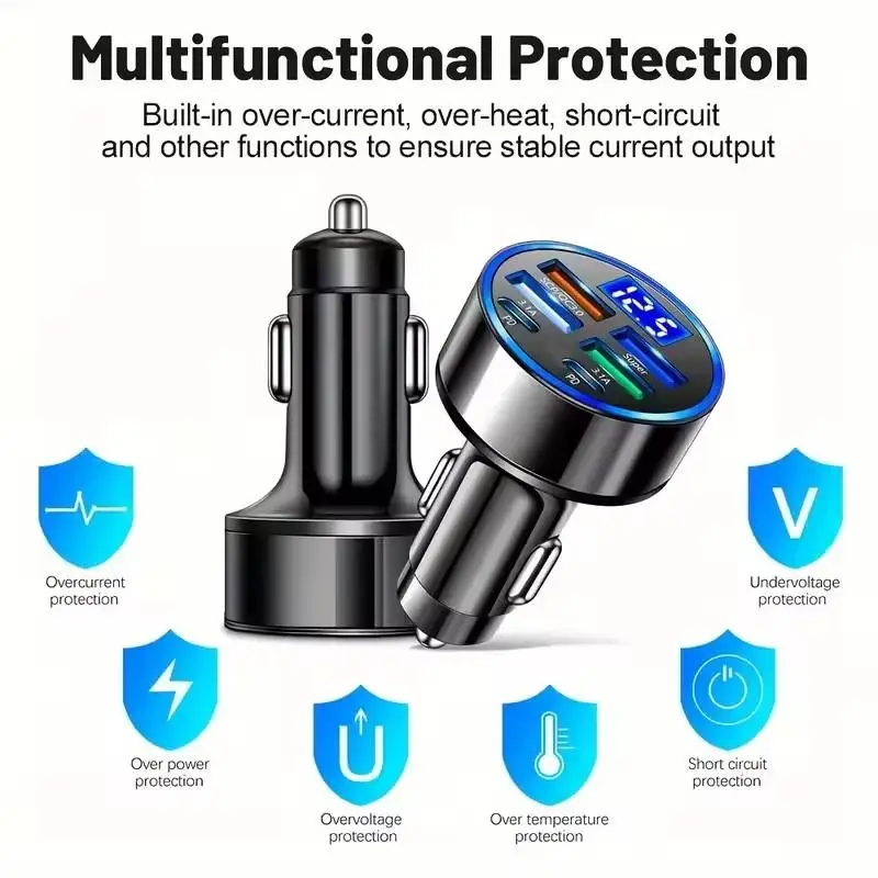 6IN1 Car Cigarette Lighter Plug Car Phone Charger Flash Charge with Digital Display Type C PD QC3.0 USB Fast Charging Adapter