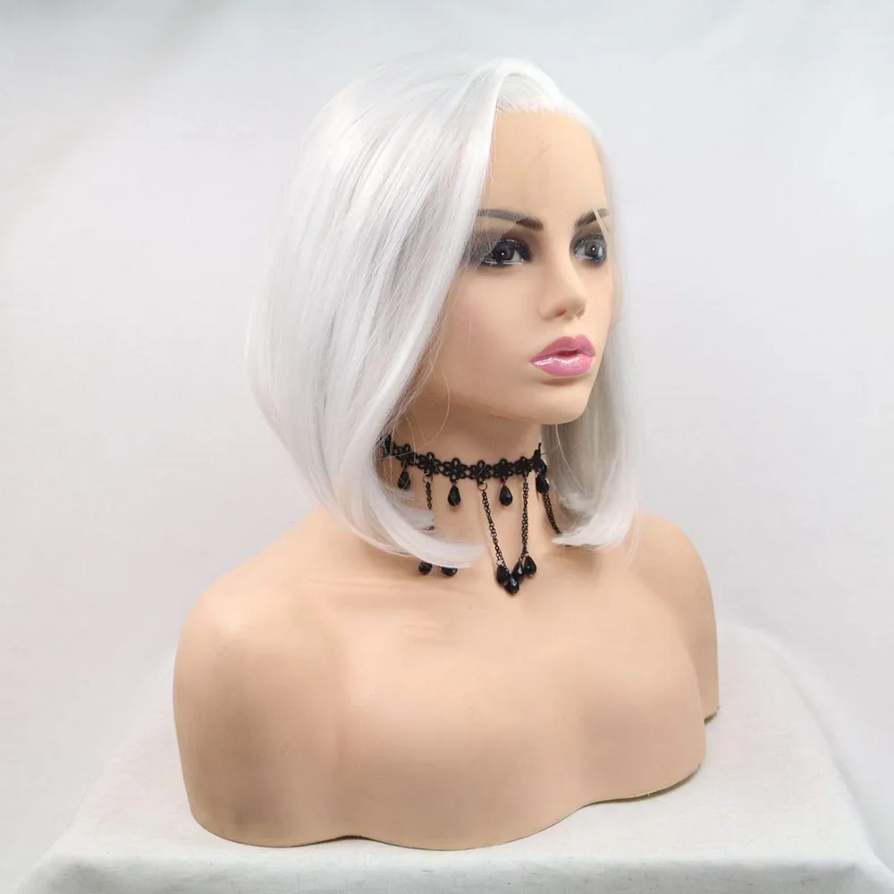 

Белый синтетический парик с кружевной передней частью, серебристо-платиновый блонд, 14 дюймов, с боковым пробором, из термостойкого волокна, для женщин