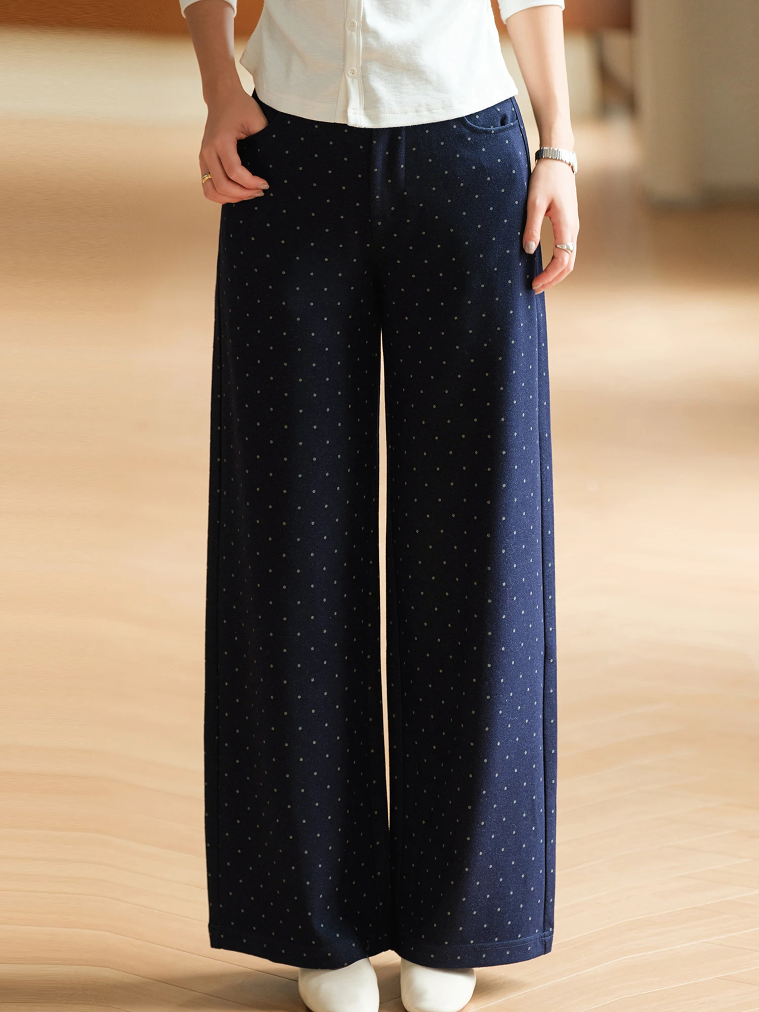 Small Ear Production Checkered Cotton Gauze Rayon Half Elastic Waist Straight Leg Pants Polka Dot Casual Trousers for Women