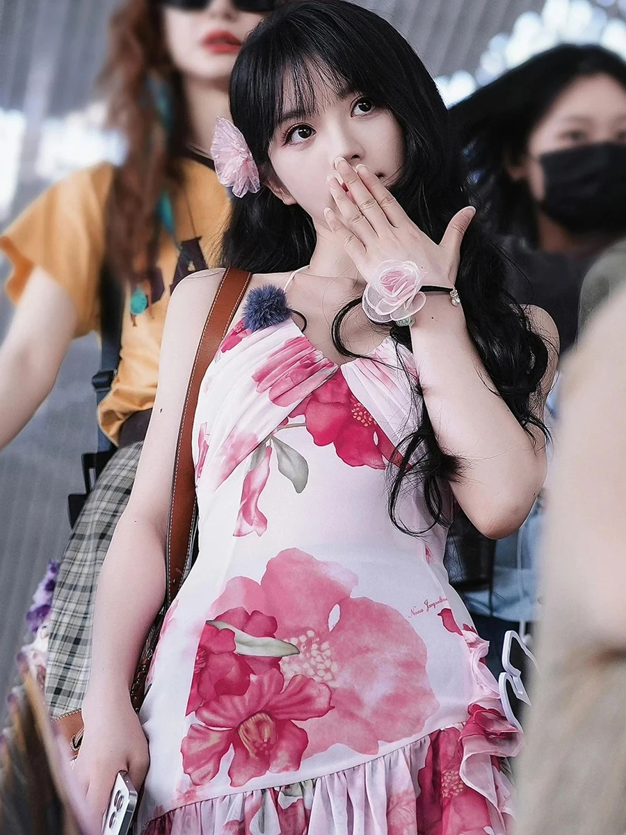 Ele Cintura alta Estampado floral Asimétrico Largo Dr Mujer Colgante Neline Dr Temporada de verano Poliéster Spandex