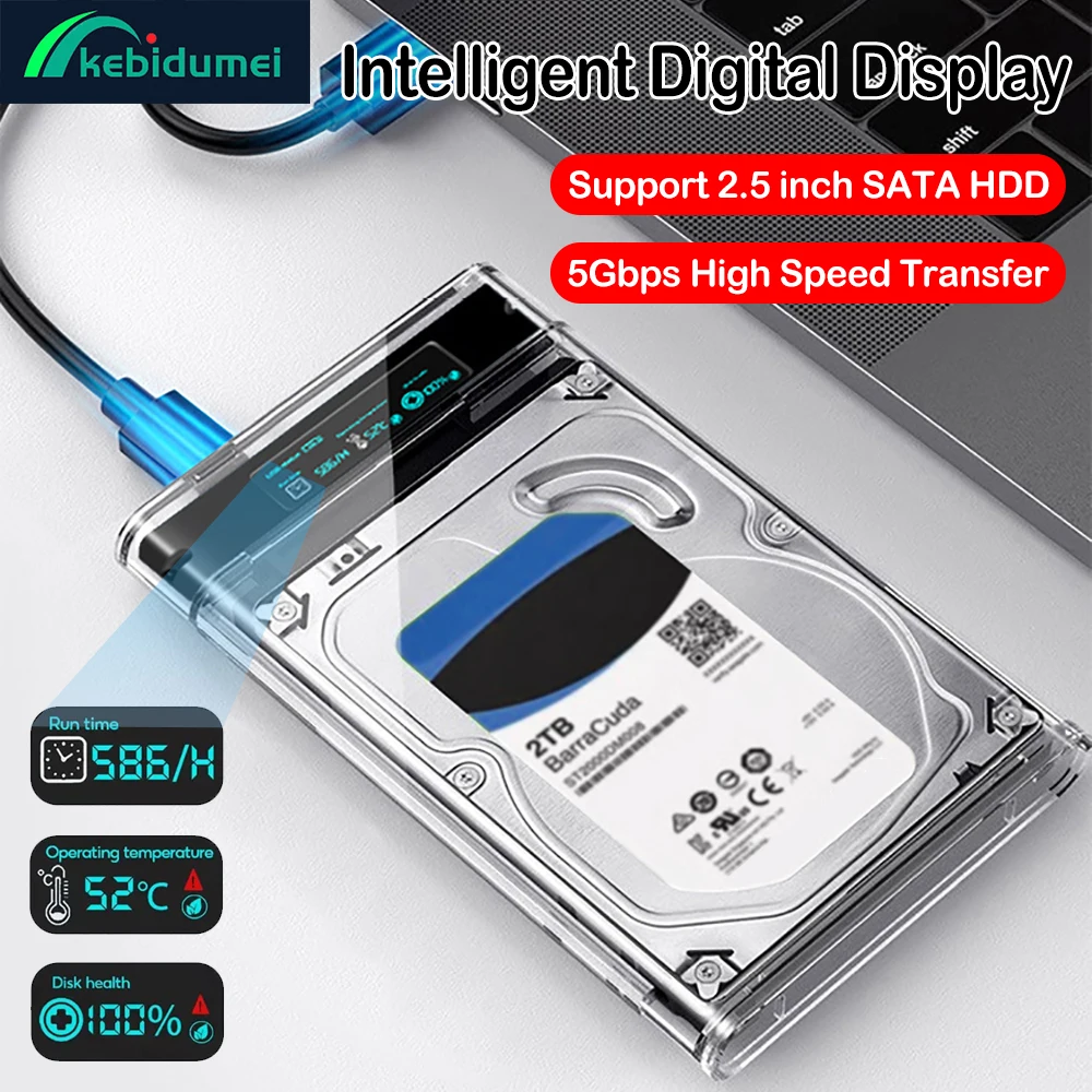Transparent Intelligent Digital Display HDD SSD Case 2.5 inch SATA Box USB3.1 HDD Enclosure 5Gbps Mobile Hard Drive Cases For PC