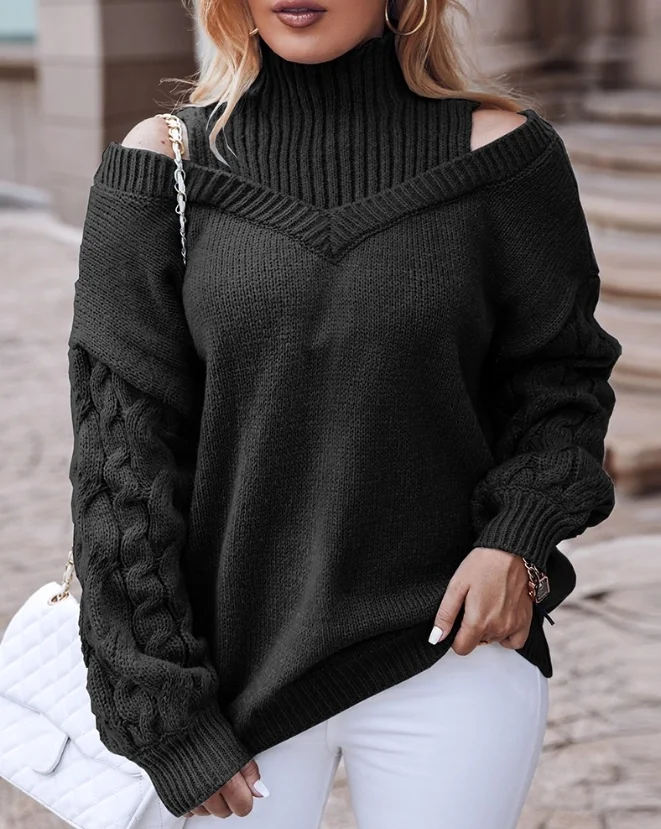 Women\'s Sweater 2023 Autumn Fashion Cable Knit Lantern Sleeve Cold Shoulder Casual Plain Long Sleeve Cutout Pullovers Sweater