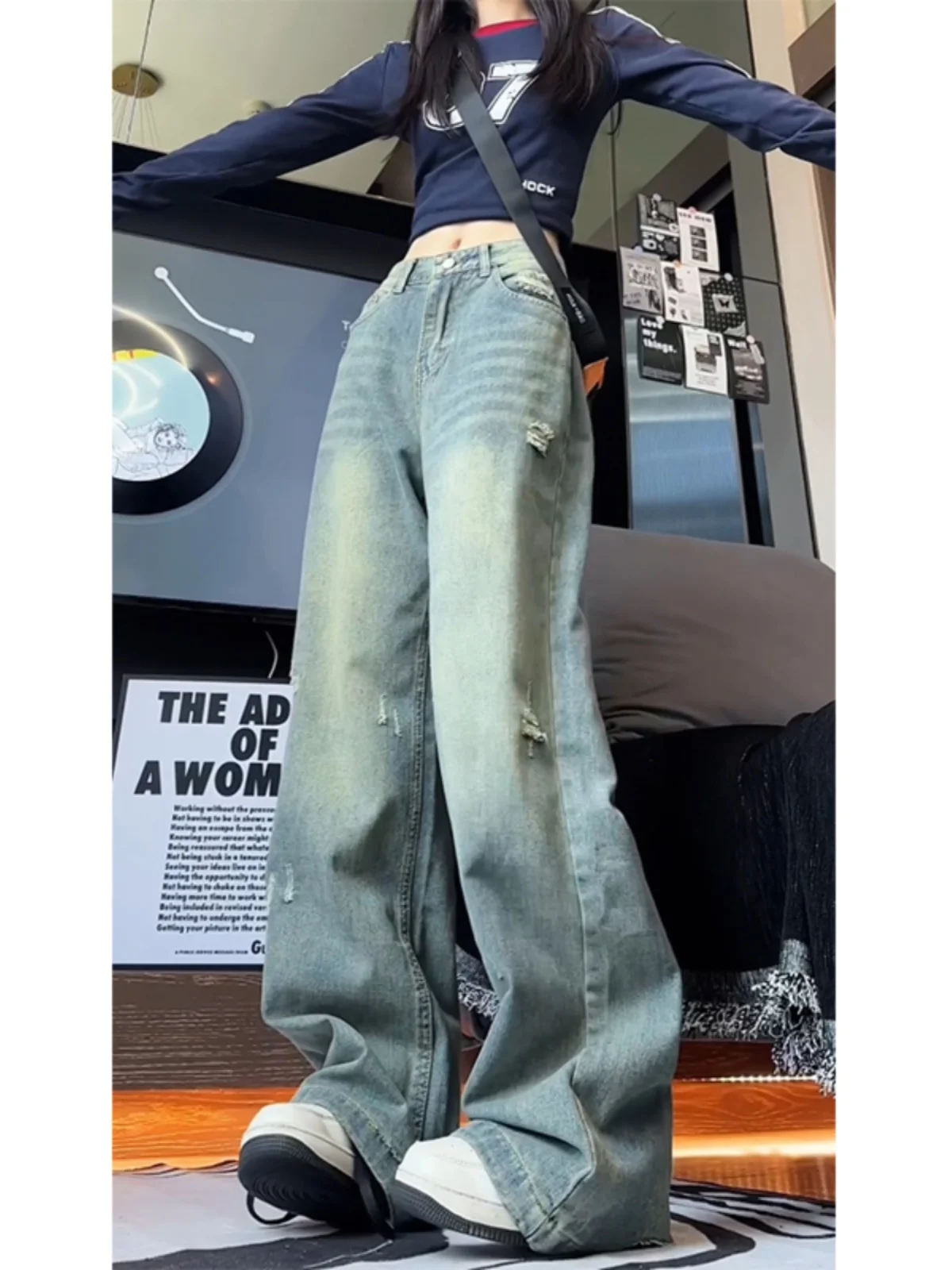 

Light Blue Men's Denim Jeans Spring Autumn Straight Loose Vintage Pants American Vibe Knife Flared Legs Wear Resistant