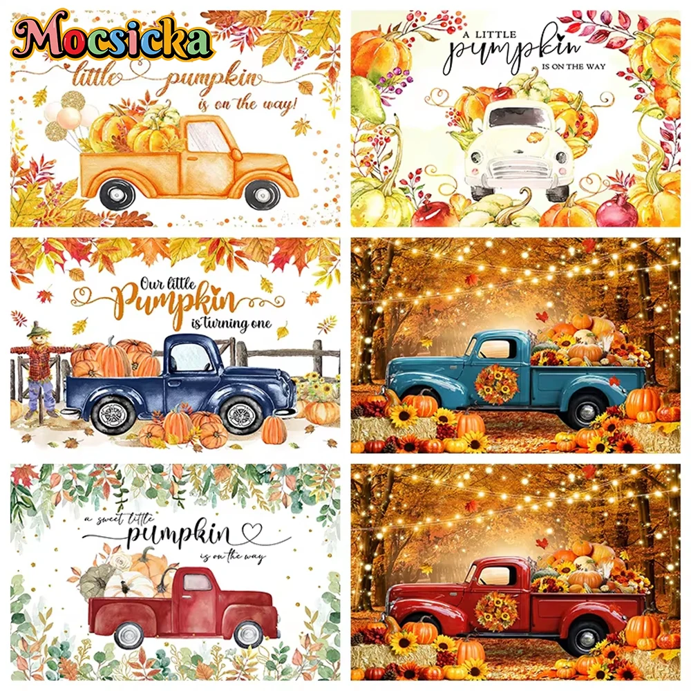 

Mocsicka Autumn Photography Background Truck Car Decoration Golden Harvest Pumpkin Leaf Fall Photographic Backdrops Studio Props