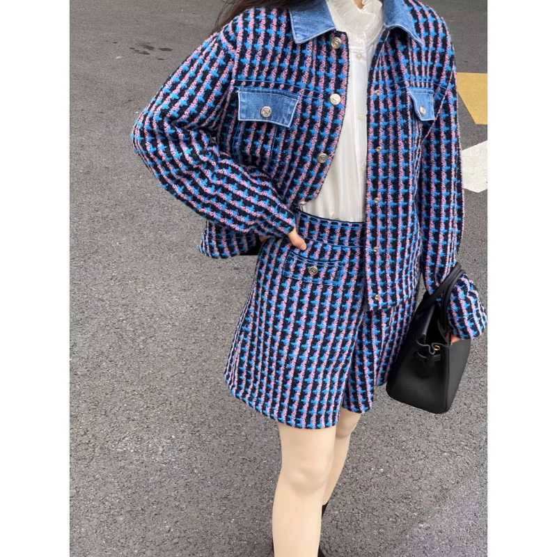 2024 New Small Fragrant Wind Powder Blue Tweed Long-Sleeved Knitted Cardigan + Shorts Set Brand S High Quality Free Ship