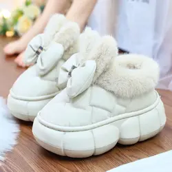 8cm Height High Heels Plush Slippers Indoor Platform High Heels Women's Flat Shoes Designer Bow-tie Fluffy Shoes