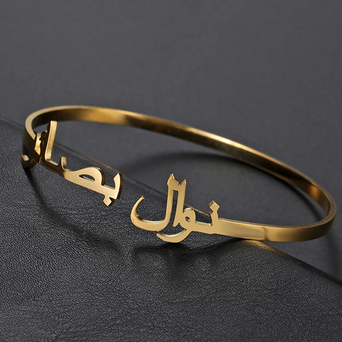 Custom Arabic Heart Double Name Bracelet Gold Color Stainless Steel Bracelet Personalized Custom Open Adjustable Bracelet Jewelr