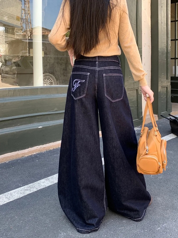 

2024 Trashy Y2K Streetwear Letter Embroidery Dark Blue Baggy Jeans Pants For Women Clothes Wide Leg Lady Trousers Ropa De Mujer