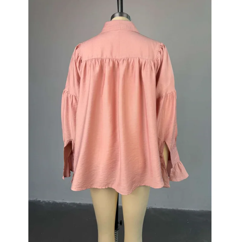 EAEOVNI ファッション女性日焼け止めブラウス 2025 ひだフレアスリーブボタンルーズ無地シャツカジュアル 2025 新しい服 1A1129