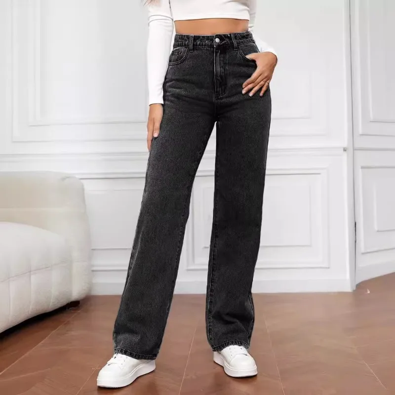 2025 New Women's Dark Blue Retro Y2K High Waist Baggy Wide-Leg Jeans Flattering Slim High Street Floor-Length Denim Pants