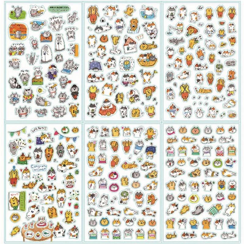 6 Sheets/Set Kawaii Cat Hand Account Stickers Notebook Pencil-box Album Decoration DIY Scrapbooking Sticker