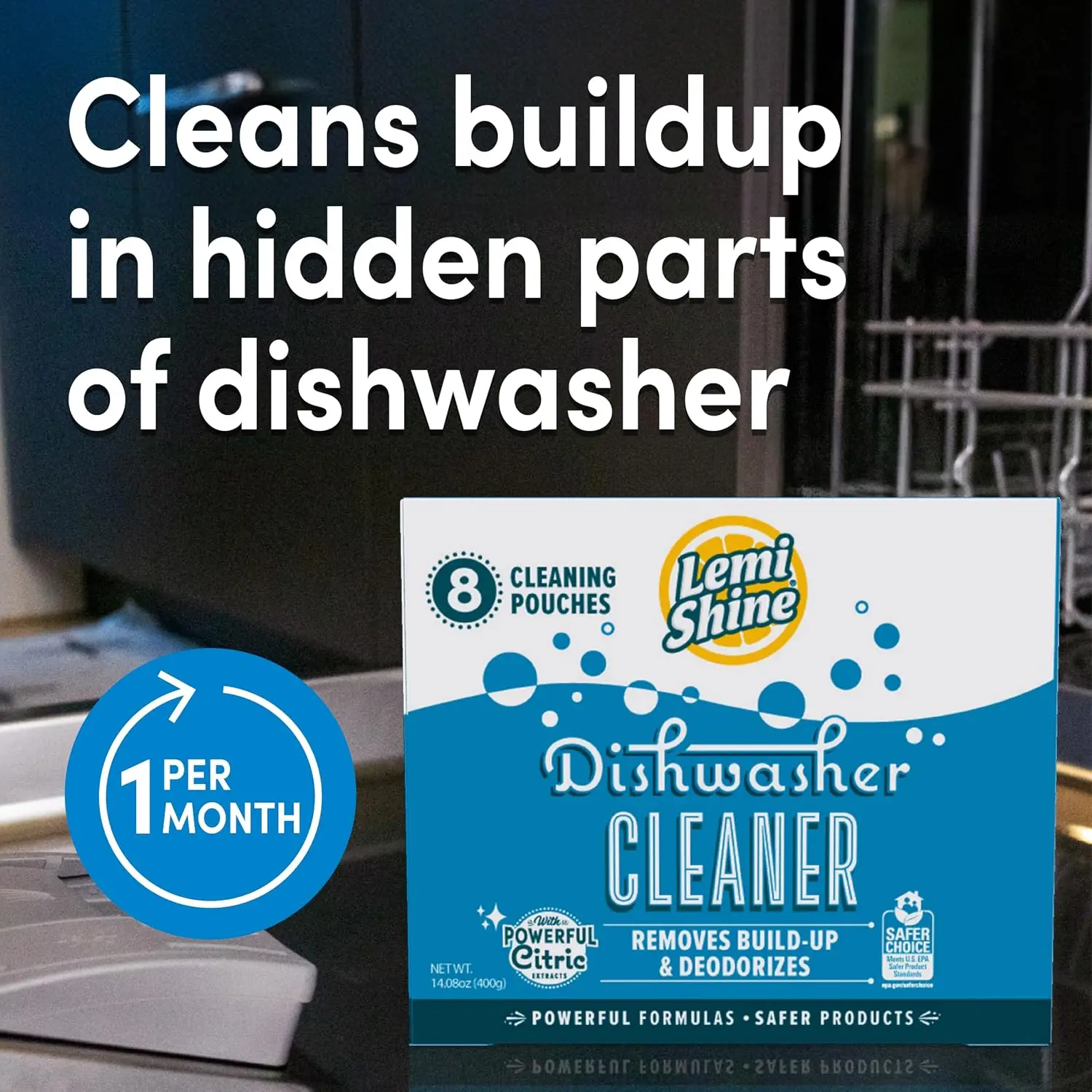 Dishwasher Cleaner with Citric Acid, Lemon Scented Deodorizer for Hard Water Stains, 14.08 oz (8 Pack)
