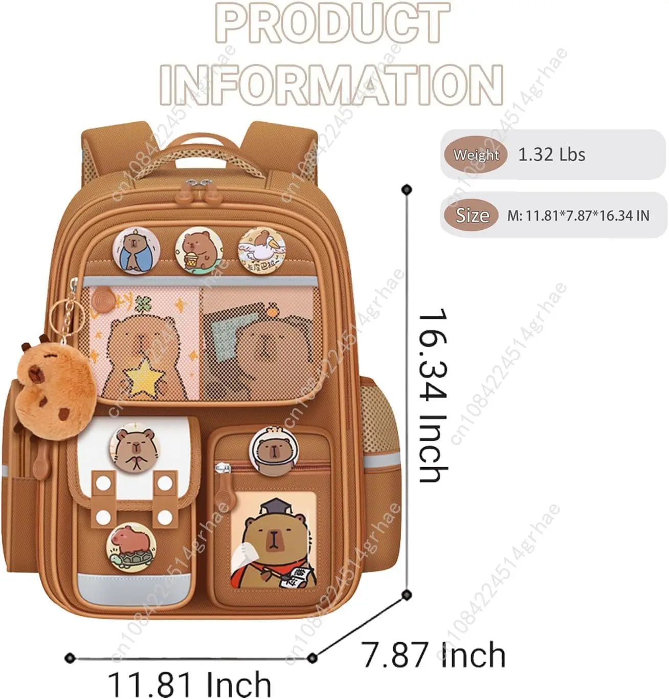 Cute Capybara Backpack with Chic Case and More Pins Ita Bag Cartoon Laptop Travel Utility Funny Going Out Casual Bag(Khaki)
