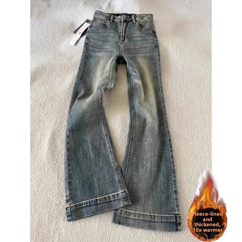 

Thiened Fce Lined American Retro Flared Jeans Women High Waist Warm Straight Leg Slimming Floor Length Hoof Pants