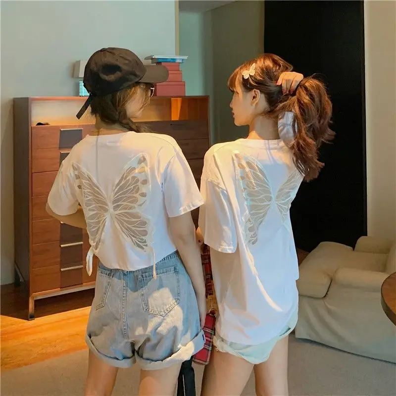 Summer Cotton Short Sleeve Women T Shirt Butterfly Wing Embroidery Back Hollow Out Loose Oversized Tops Tee Sisters Outfit Black