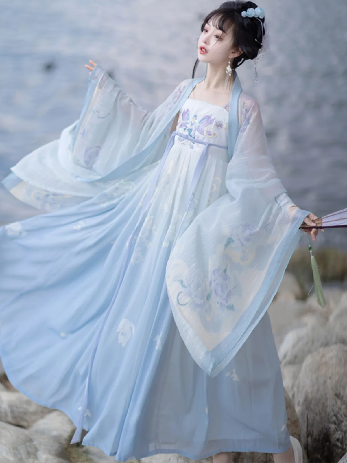 Robe Hanfu chinoise pour femme, Hanfu traditionnel, Costume de cosplay d'Halloween, Robe de danse d'été, Dégradé bleu, Ensembles de 3 pièces