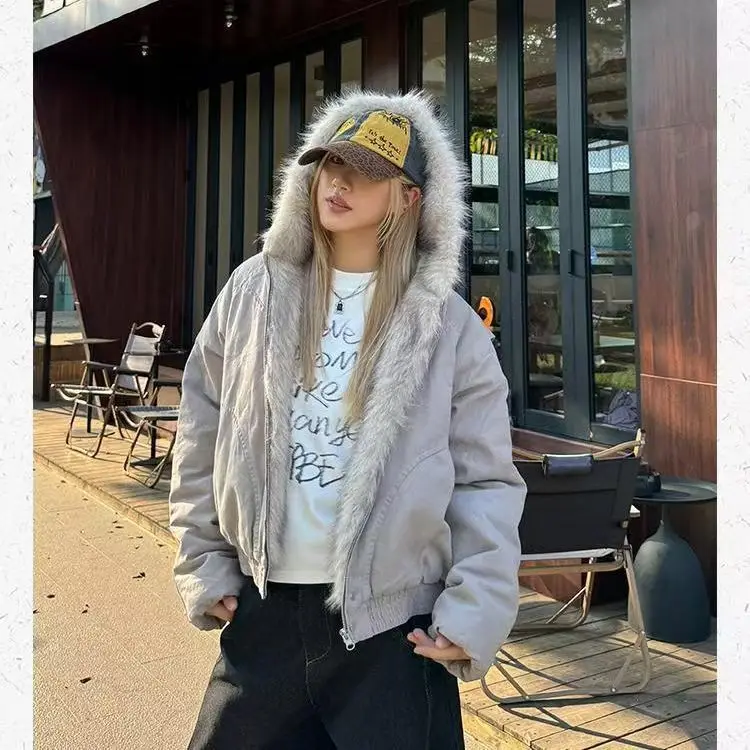 

2024, американское ретро пальто Y2K, парки с длинным рукавом, женская повседневная толстовка с капюшоном, винтажная куртка с воротником из искусственного меха на молнии, осенняя уличная одежда