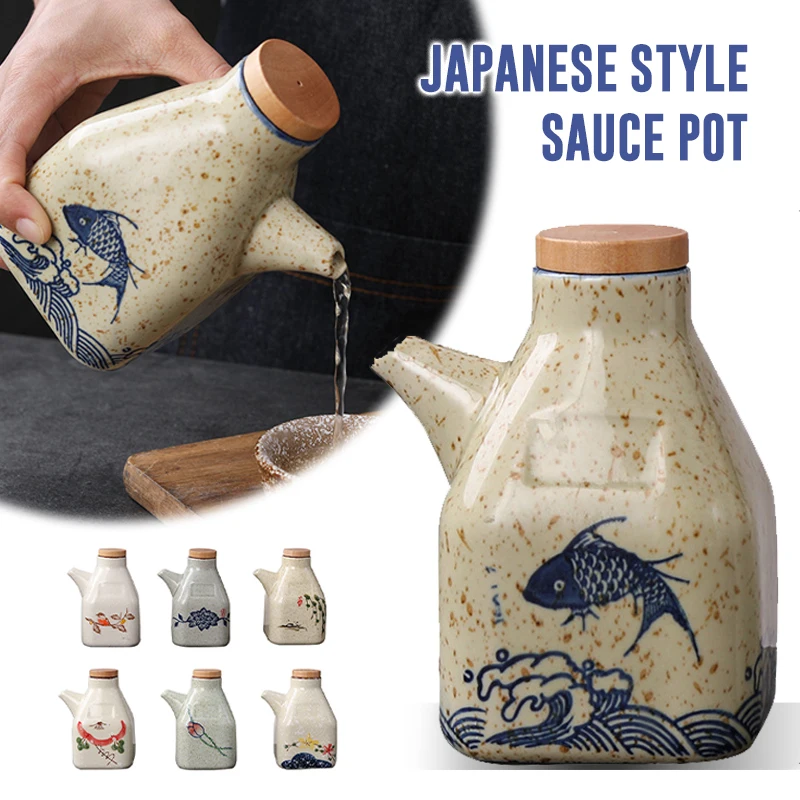 350ML Japanese Style Ceramic Oil Olive Dispenser Soy Sauce Pot Small Vinegar Pot Sauce Jar Oil Bottle Tableware Seasoning Bottle