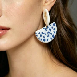 Spring Natural Beige Colors Marble Dots Pattern Polymer Clay Geometric Drop Dangle Earrings Casual Daily Stud Pendants Accessory