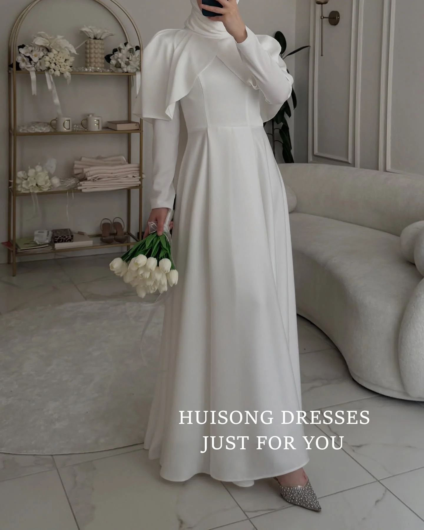 HUISONG Customized Muslim Satin Wedding Dresses Long Sleeves A-Line Modest Bride Dress Long Wedding Gown