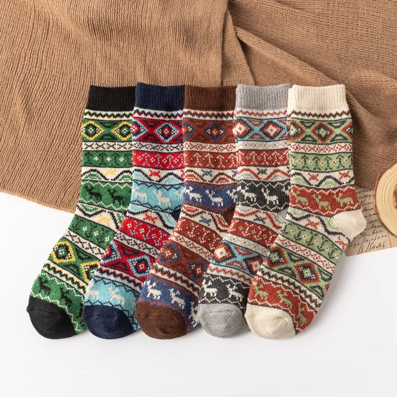 

5 Pair Foreign trade socks,Women's medium tube socks,23 diamond grid flat deer ethnic style thickened warm rabbit wool socks