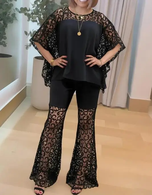

Summer Women's 2-Piece Elegant Hollow Lace Bat Sleeve Shirt and Casual Slimming Bellbottom Pants Set Sexy Casual Pants Set