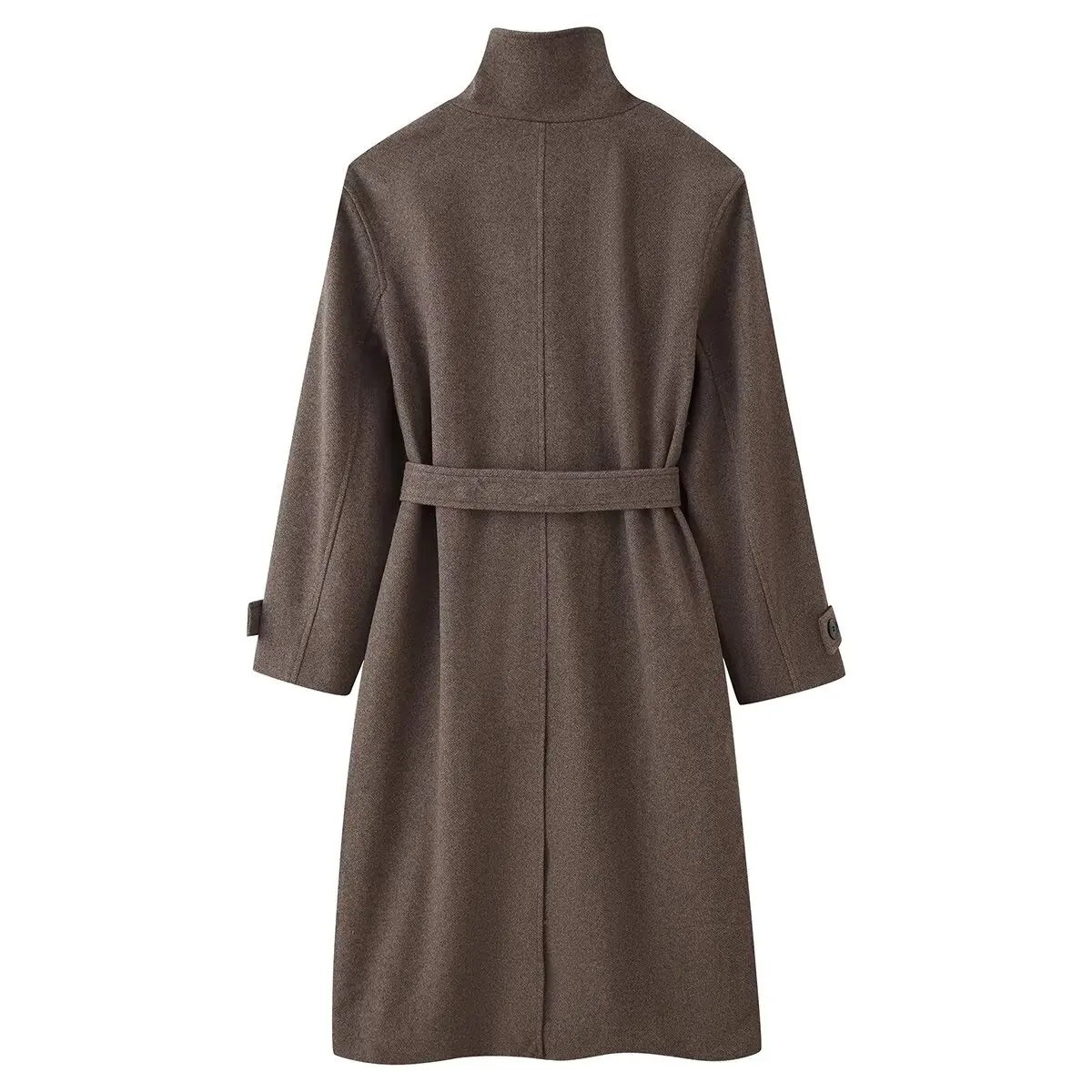 DUOPERI Women Coffee Brown Asymmetrical Placket Belted Long Coat Funnel Collar Female Chic Lady Casual Outerwear