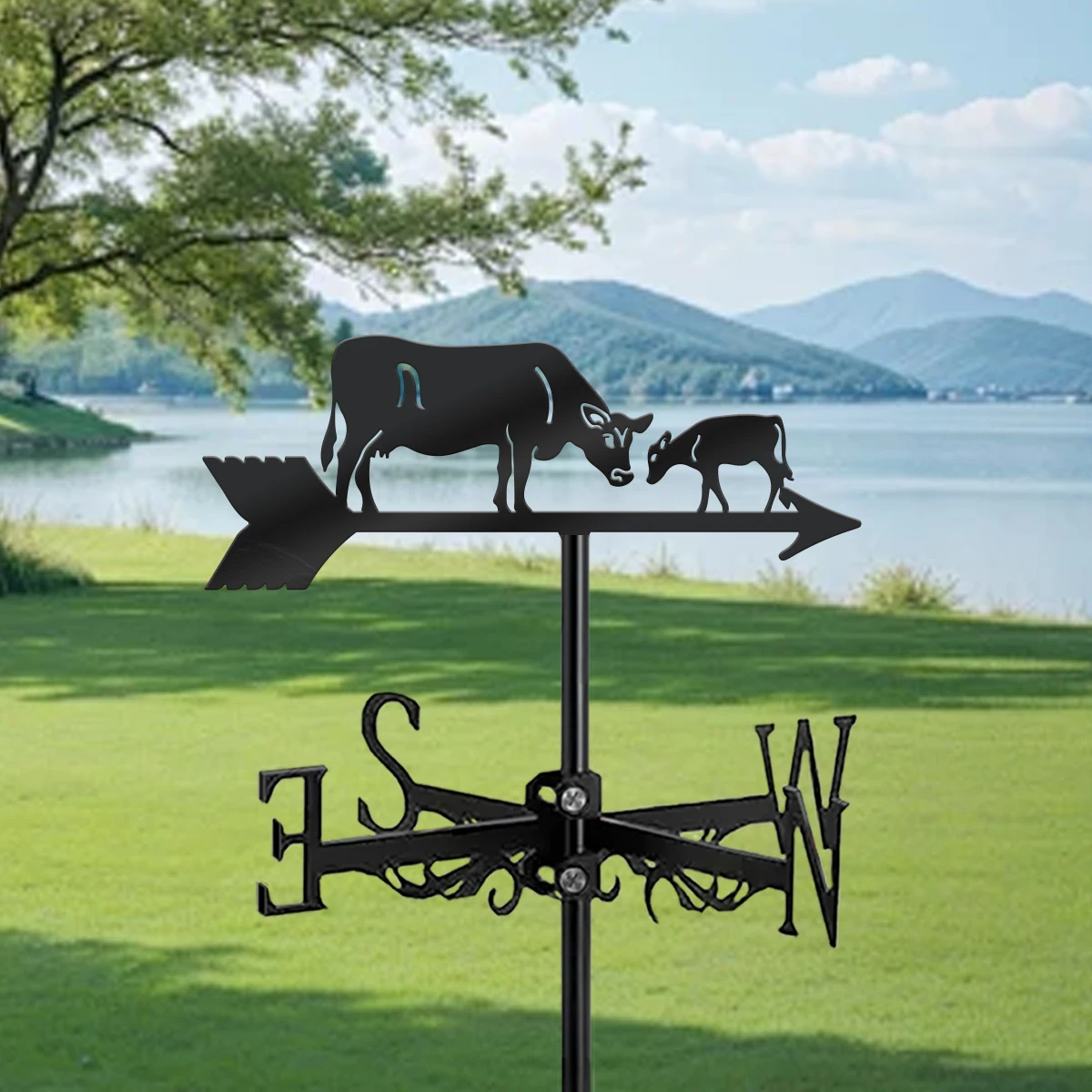 1pc Cow and Calf Metal Weathervane Black Silhouette Garden Ornament with Direction Indicator