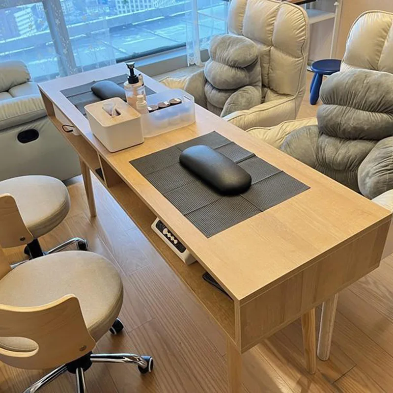 

Modern Style Solid Wood Three-person Manicure Table with Storage Grid Nail Table Set Salon Furniture