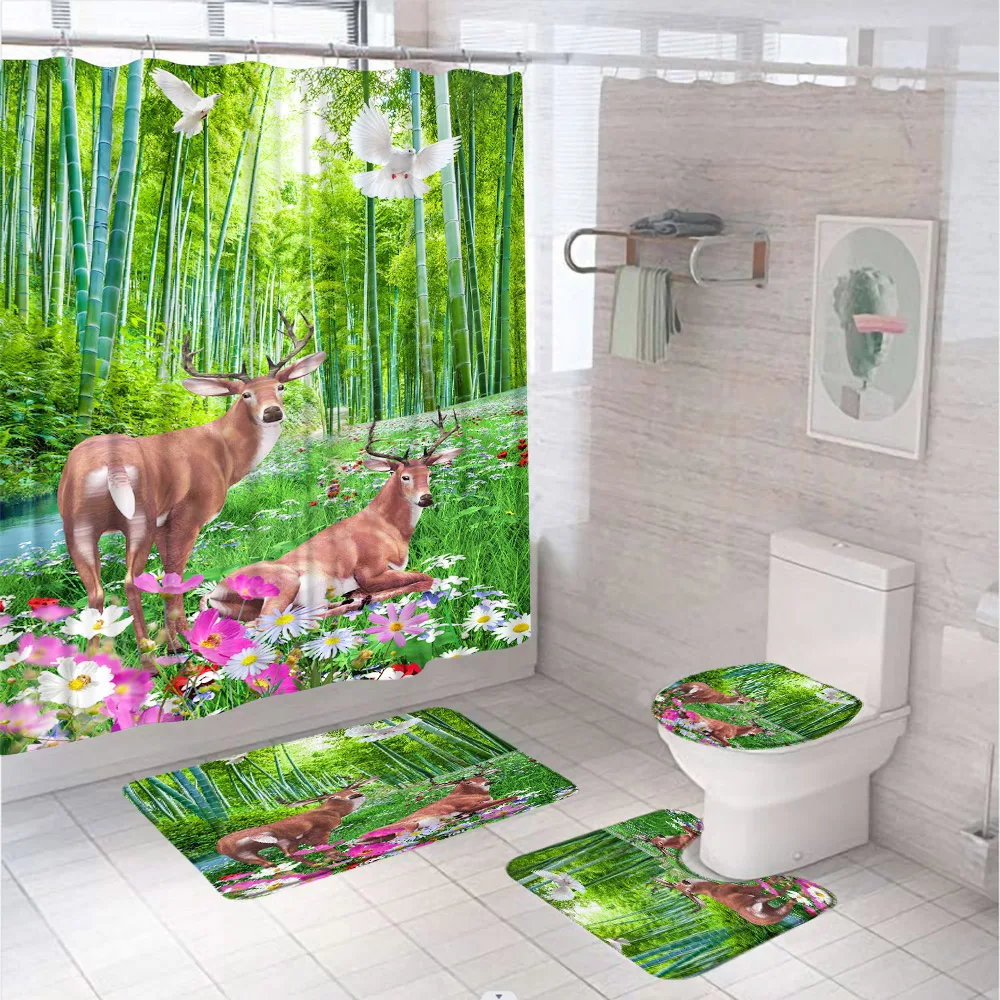 

Deer Bird Flowers Shower Curtain Set Bathroom Decor Animal Green Bamboo Forest Fabric Screen Non Slip Rug Bath Mats Toilet Cover