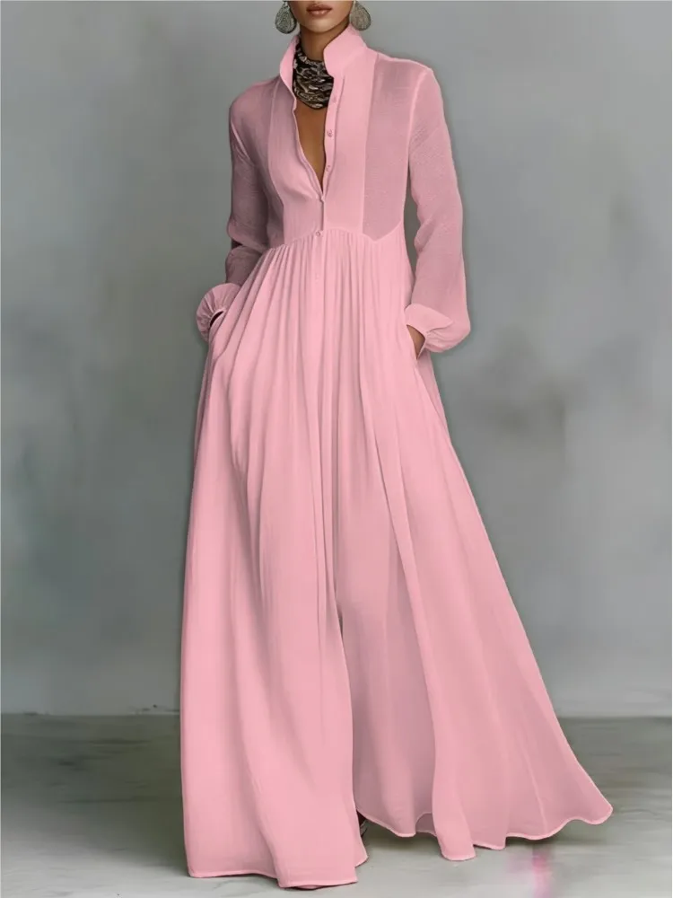 New Elegant High Waist Swing Long Dress Woman Spring Solid Pockets Pleated Maxi Dress Autumn Long Sleeve Button Evening Dress - Image 2