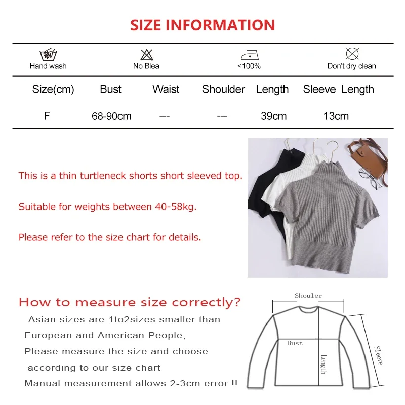 Women New Spring Summer Turtleneck Short Sleeve Pullover Casual Solid Thin Sweater Elastic Slim Versatile Comfortable Short Top